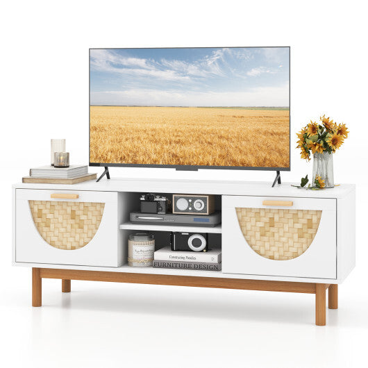 Mid Century Modern TV Stand Entertainment Center for 55-Inch TV with 2 Drawers and Bamboo Woven Fronts-White LuxuryLifeWay Online Store