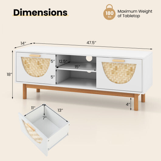 Mid Century Modern TV Stand Entertainment Center for 55-Inch TV with 2 Drawers and Bamboo Woven Fronts-White LuxuryLifeWay Online Store