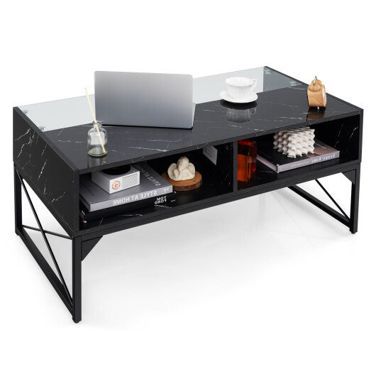 Center Table with Faux Marble and Tempered Glass Top-White LuxuryLifeWay Online Store