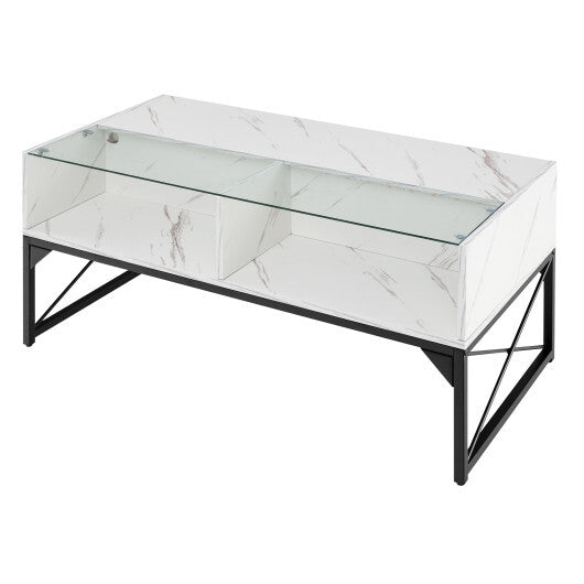 Center Table with Faux Marble and Tempered Glass Top-White LuxuryLifeWay Online Store