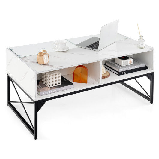Center Table with Faux Marble and Tempered Glass Top-White LuxuryLifeWay Online Store