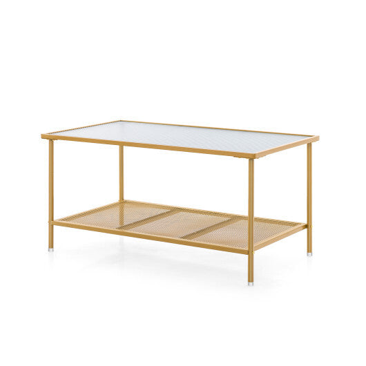 2-Tier Coffee Table with Shelf Center Tea Table with Tempered Glass Top-Golden LuxuryLifeWay Online Store