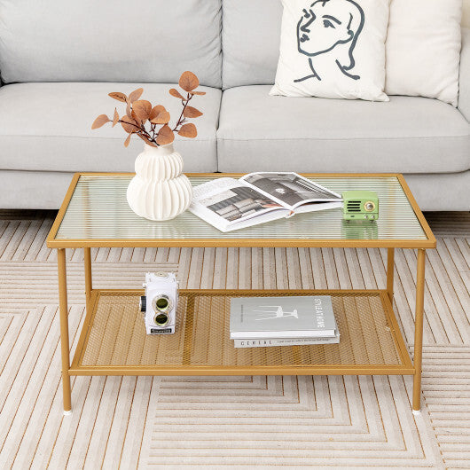 2-Tier Coffee Table with Shelf Center Tea Table with Tempered Glass Top-Golden LuxuryLifeWay Online Store