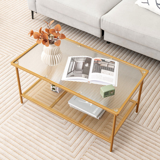 2-Tier Coffee Table with Shelf Center Tea Table with Tempered Glass Top-Golden LuxuryLifeWay Online Store