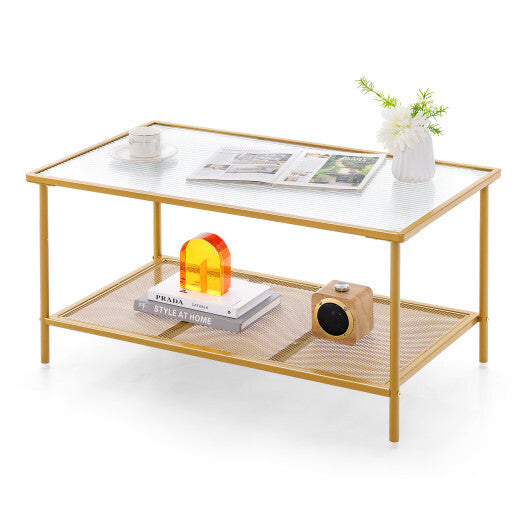 2-Tier Coffee Table with Shelf Center Tea Table with Tempered Glass Top-Golden LuxuryLifeWay Online Store