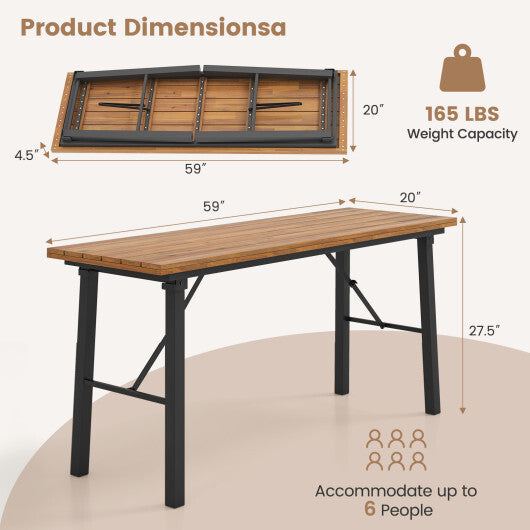 Folding Picnic Table Acacia Wood Dining Table with Metal Frame for Indoor Outdoor Activities LuxuryLifeWay Online Store