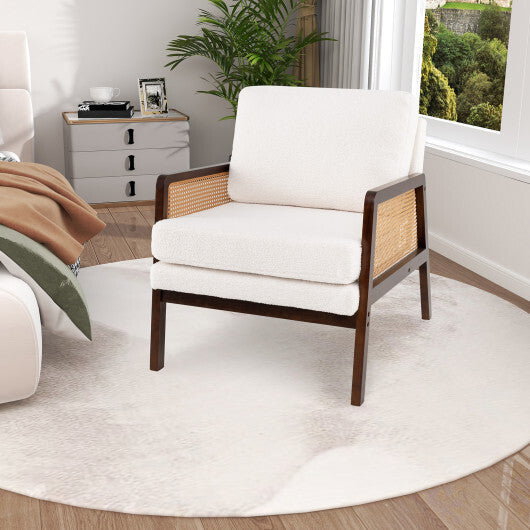 Mid Century Modern Accent Chair with Rattan Arms and Cushion-Natural