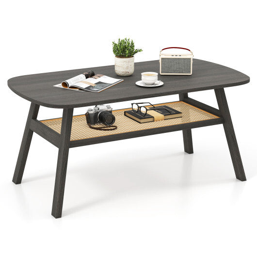2-Tier Rectangular Center Coffee Table with Rattan Storage Shelf and Rubber Wood Legs-Dark Gray LuxuryLifeWay Online Store
