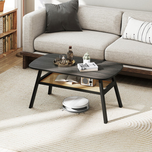 2-Tier Rectangular Center Coffee Table with Rattan Storage Shelf and Rubber Wood Legs-Dark Gray LuxuryLifeWay Online Store