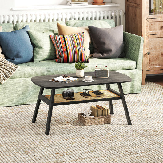 2-Tier Rectangular Center Coffee Table with Rattan Storage Shelf and Rubber Wood Legs-Dark Gray LuxuryLifeWay Online Store