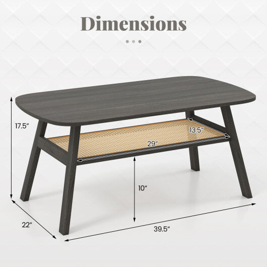 2-Tier Rectangular Center Coffee Table with Rattan Storage Shelf and Rubber Wood Legs-Dark Gray LuxuryLifeWay Online Store