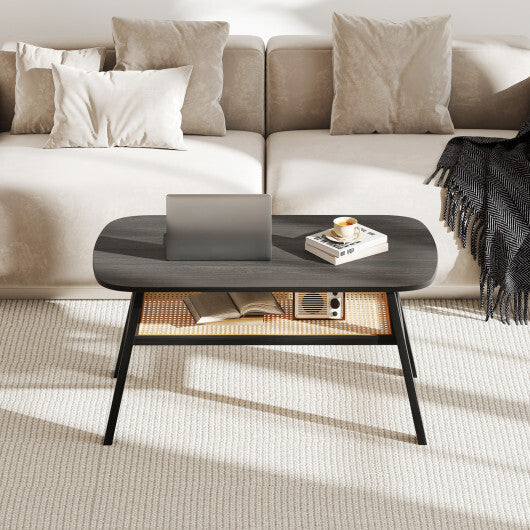 2-Tier Rectangular Center Coffee Table with Rattan Storage Shelf and Rubber Wood Legs-Dark Gray LuxuryLifeWay Online Store