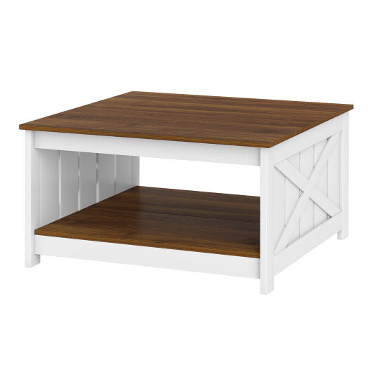 Farmhouse Coffee Table 31 Inch Square Coffee Table with Storage Shelf-White LuxuryLifeWay Online Store
