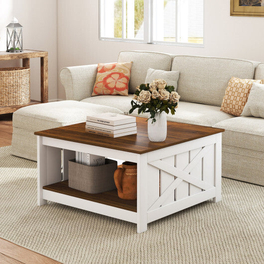 Farmhouse Coffee Table 31 Inch Square Coffee Table with Storage Shelf-White LuxuryLifeWay Online Store
