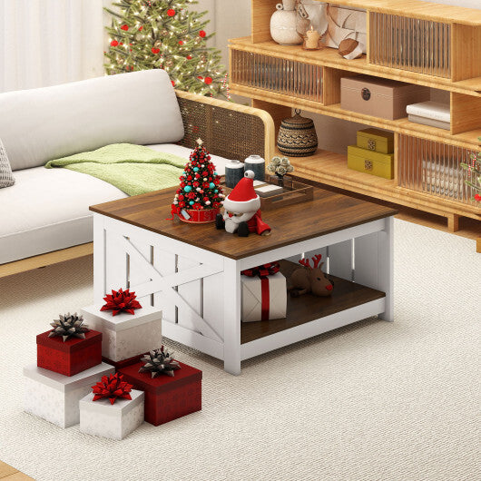 Farmhouse Coffee Table 31 Inch Square Coffee Table with Storage Shelf-White LuxuryLifeWay Online Store