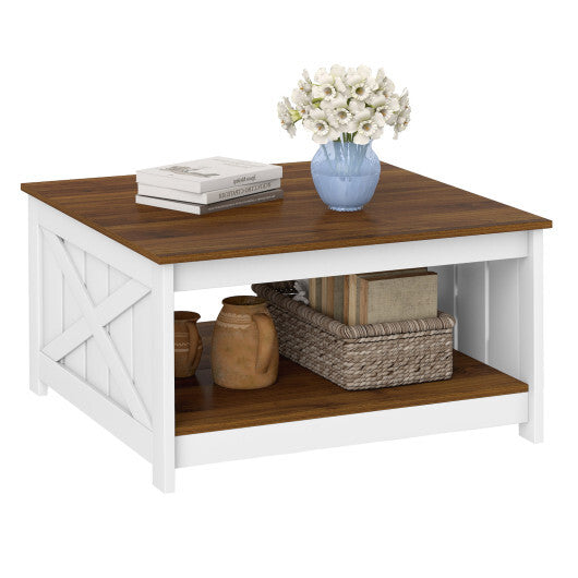 Farmhouse Coffee Table 31 Inch Square Coffee Table with Storage Shelf-White LuxuryLifeWay Online Store