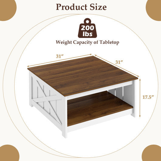 Farmhouse Coffee Table 31 Inch Square Coffee Table with Storage Shelf-White LuxuryLifeWay Online Store