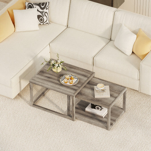 Nesting Coffee Table Set of 2 Stackable Rectangular End Tables-Gray LuxuryLifeWay Online Store