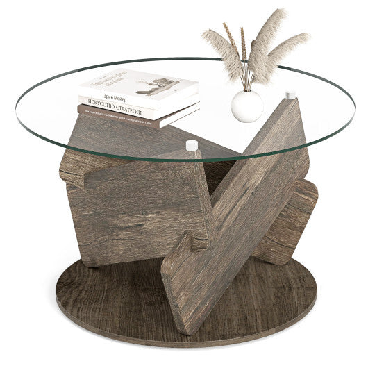 Round Glass Coffee Table 32 Inch Modern Center Table with Tempered Glass Top-Gray LuxuryLifeWay Online Store