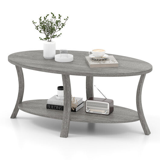 Oval Coffee Table 2-Tier Center Table with Storage Shelf-Gray LuxuryLifeWay Online Store