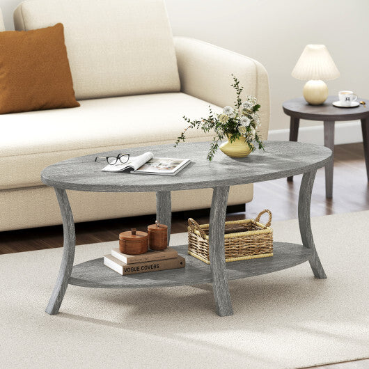 Oval Coffee Table 2-Tier Center Table with Storage Shelf-Gray LuxuryLifeWay Online Store