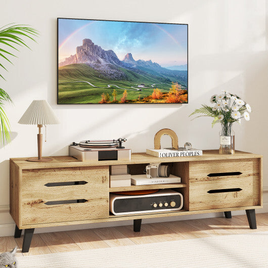 Mid Century Modern TV Stand with Sliding Doors and Cable Hole for 65 Inch TVs-Natural LuxuryLifeWay Online Store
