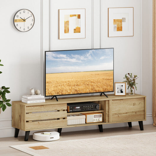 Mid Century Modern TV Stand for 80 Inch TVs with Sliding Door Cabinets and Storage Shelves-Oak LuxuryLifeWay Online Store
