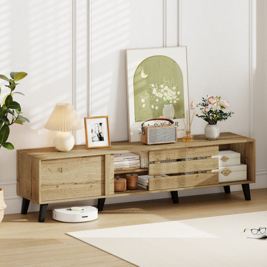 Mid Century Modern TV Stand for 80 Inch TVs with Sliding Door Cabinets and Storage Shelves-Oak LuxuryLifeWay Online Store