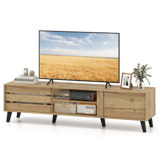 Mid Century Modern TV Stand for 80 Inch TVs with Sliding Door Cabinets and Storage Shelves-Oak LuxuryLifeWay Online Store