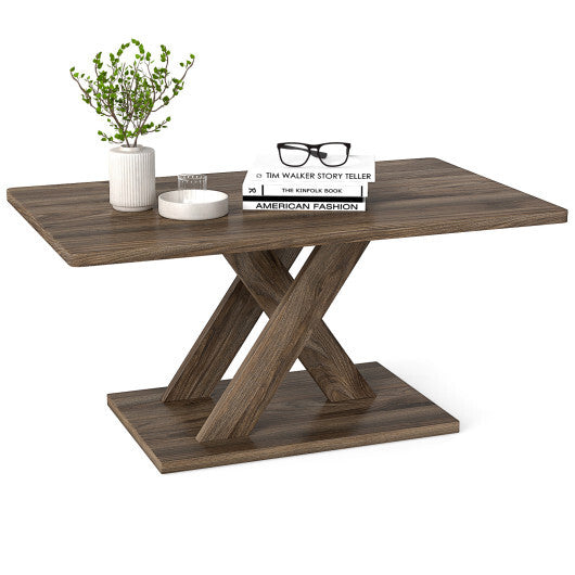37.5 Inch Rectangular Coffee Table with Stable Base and Rubber Wood Connection for Living Room-Brown LuxuryLifeWay Online Store
