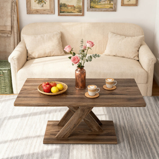 37.5 Inch Rectangular Coffee Table with Stable Base and Rubber Wood Connection for Living Room-Brown LuxuryLifeWay Online Store
