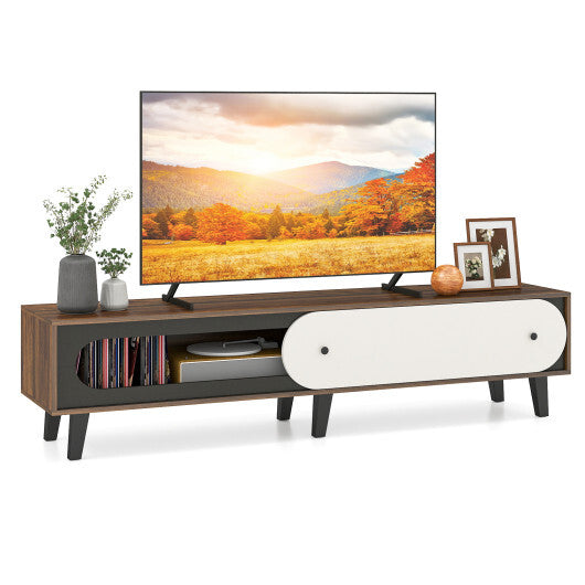 TV Stand for 80 Inch TVs Mid Century Modern Entertainment Center with Sliding Door Cabinet-Walnut LuxuryLifeWay Online Store