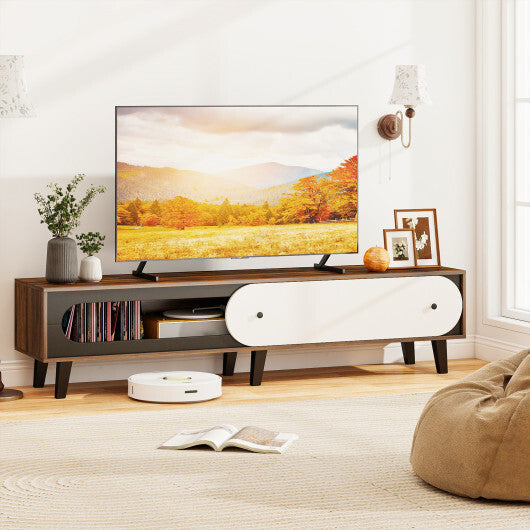 TV Stand for 80 Inch TVs Mid Century Modern Entertainment Center with Sliding Door Cabinet-Walnut LuxuryLifeWay Online Store