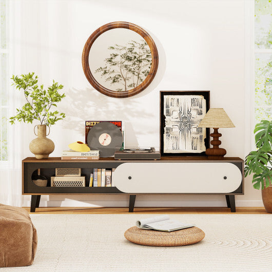 TV Stand for 80 Inch TVs Mid Century Modern Entertainment Center with Sliding Door Cabinet-Walnut LuxuryLifeWay Online Store