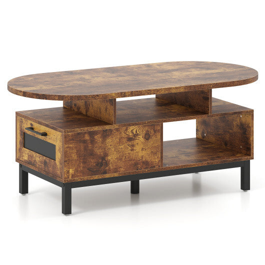 47 Inch Oval Coffee Table with Storage and Open Compartments for Living Room-Rustic Brown LuxuryLifeWay Online Store