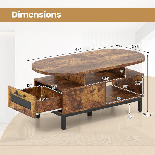 47 Inch Oval Coffee Table with Storage and Open Compartments for Living Room-Rustic Brown LuxuryLifeWay Online Store