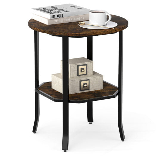 Round Side Table Small End Table with Storage Shelf 2-Tier Nightstand for Small Space-Rustic Brown LuxuryLifeWay Online Store