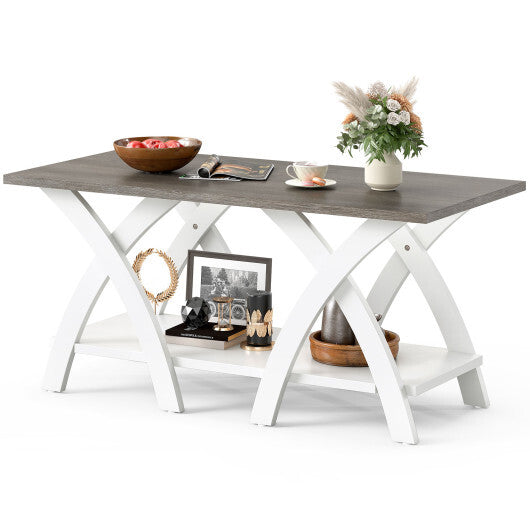 40 Inch Farmhouse Wooden Coffee Table with Storage Shelf with X-shaped Legs-Gray LuxuryLifeWay Online Store
