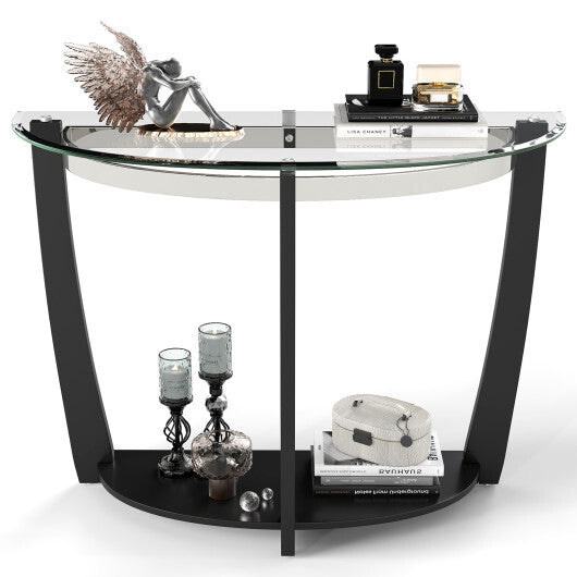 2-tier Tempered Glass Console Table with Clear Glass Top and Open Shelf-Black LuxuryLifeWay Online Store