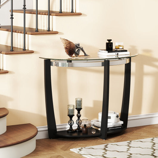 2-tier Tempered Glass Console Table with Clear Glass Top and Open Shelf-Black LuxuryLifeWay Online Store