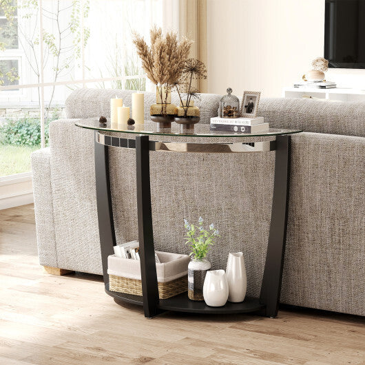 2-tier Tempered Glass Console Table with Clear Glass Top and Open Shelf-Black LuxuryLifeWay Online Store