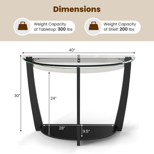 2-tier Tempered Glass Console Table with Clear Glass Top and Open Shelf-Black LuxuryLifeWay Online Store