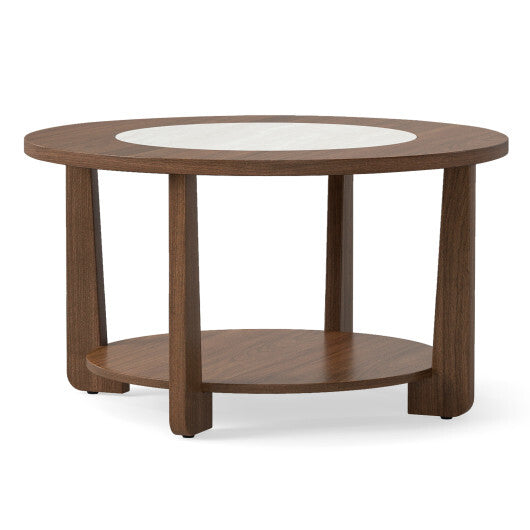 Farmhouse Accent Round Coffee Table with 2-Tone Tabletop and Open Storage Shelf for Living Room-Brown LuxuryLifeWay Online Store