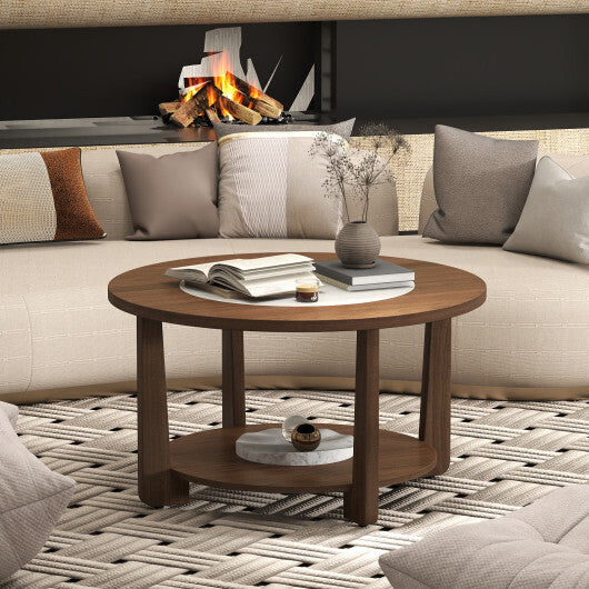 Farmhouse Accent Round Coffee Table with 2-Tone Tabletop and Open Storage Shelf for Living Room-Brown LuxuryLifeWay Online Store