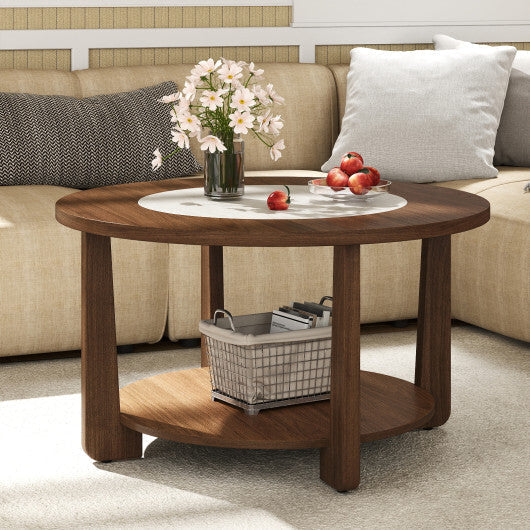 Farmhouse Accent Round Coffee Table with 2-Tone Tabletop and Open Storage Shelf for Living Room-Brown LuxuryLifeWay Online Store