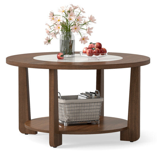 Farmhouse Accent Round Coffee Table with 2-Tone Tabletop and Open Storage Shelf for Living Room-Brown LuxuryLifeWay Online Store