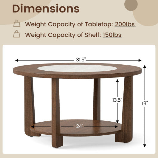 Farmhouse Accent Round Coffee Table with 2-Tone Tabletop and Open Storage Shelf for Living Room-Brown LuxuryLifeWay Online Store