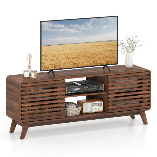 Mid Century Modern Entertainment Center with Grille-style Sliding Doors for Living Room-Walnut LuxuryLifeWay Online Store