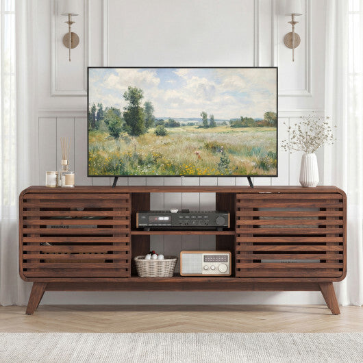 Mid Century Modern Entertainment Center with Grille-style Sliding Doors for Living Room-Walnut LuxuryLifeWay Online Store