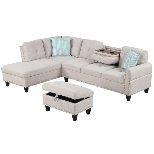 98 Inches Sectional Sofa Couch with Movable Storage Ottoman and Linen Fabric Backs-DG LuxuryLifeWay Online Store
